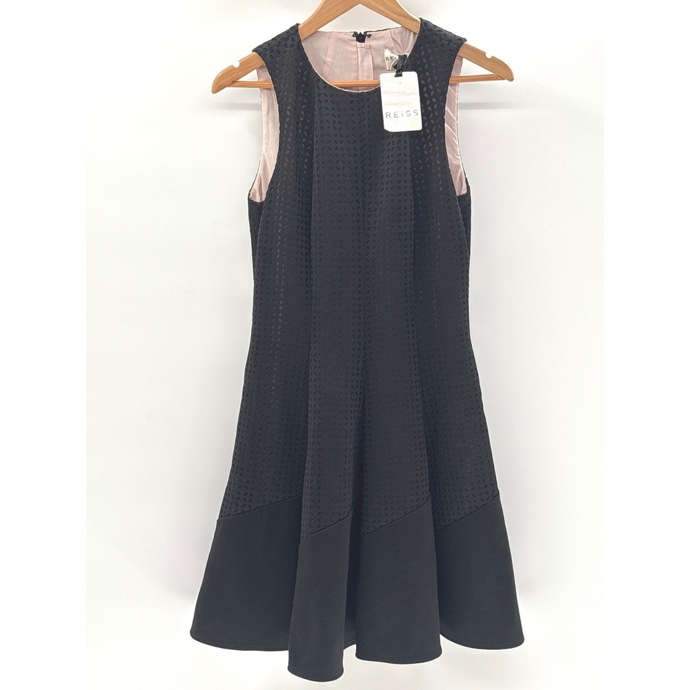 Reiss Dress Pinot Flouncy Women Size 8 Black Laser Cut Out‎ Sleeveless Short New